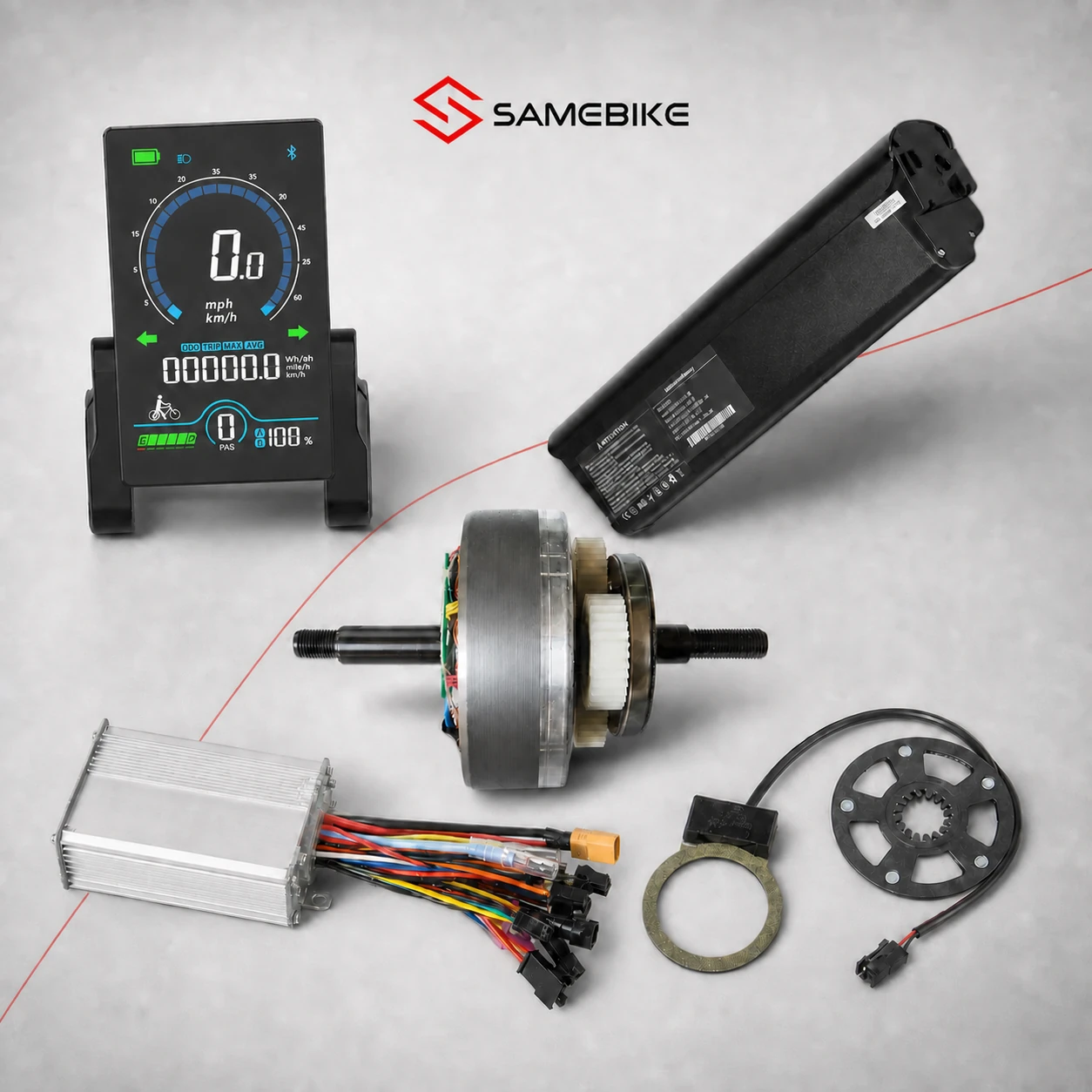 Originele SAMEBIKE-onderdelen: display, accu, controller, PAS-sensor en motorkern